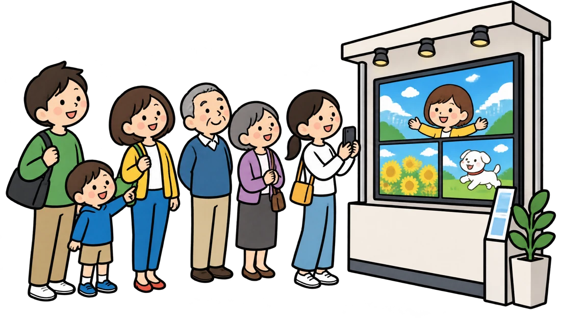 展示会のサイネージで動画を見る人たち