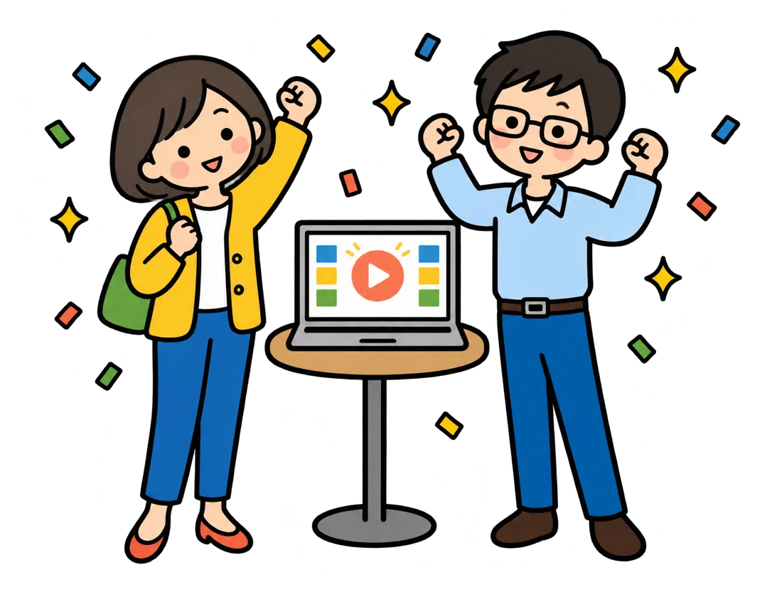 動画が完成して喜ぶ担当者たち